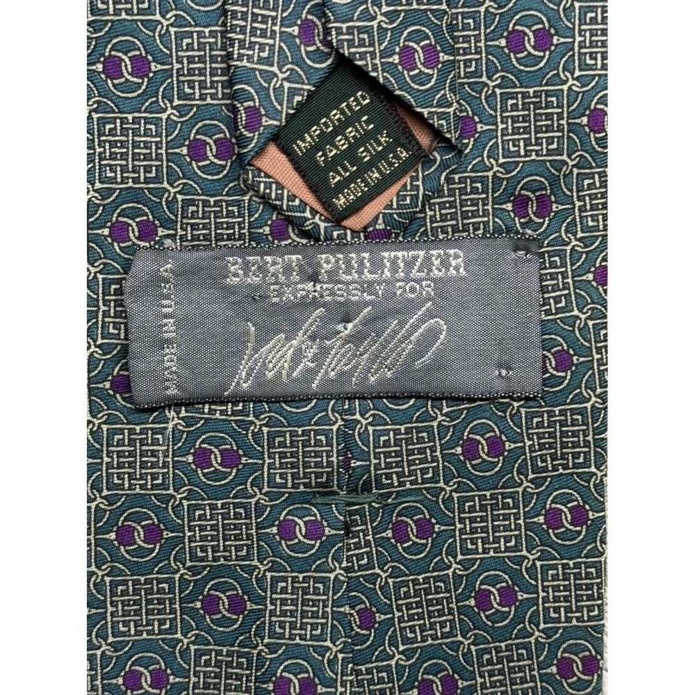 Bert Pulitzer Silk Tie Lot 2 Vintage Foulard Geometric Tan Green Made in USA